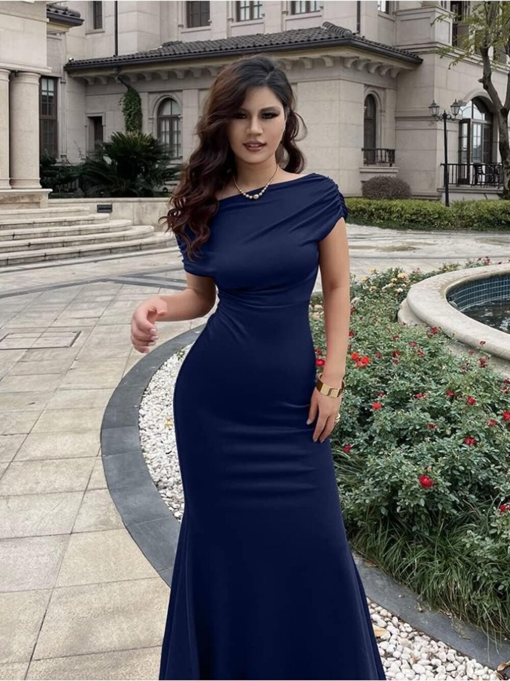 Women's Elegant Sleeveless Off Shoulder Bodycon Navy Long Formal Party Dress - Picture 3 of 7